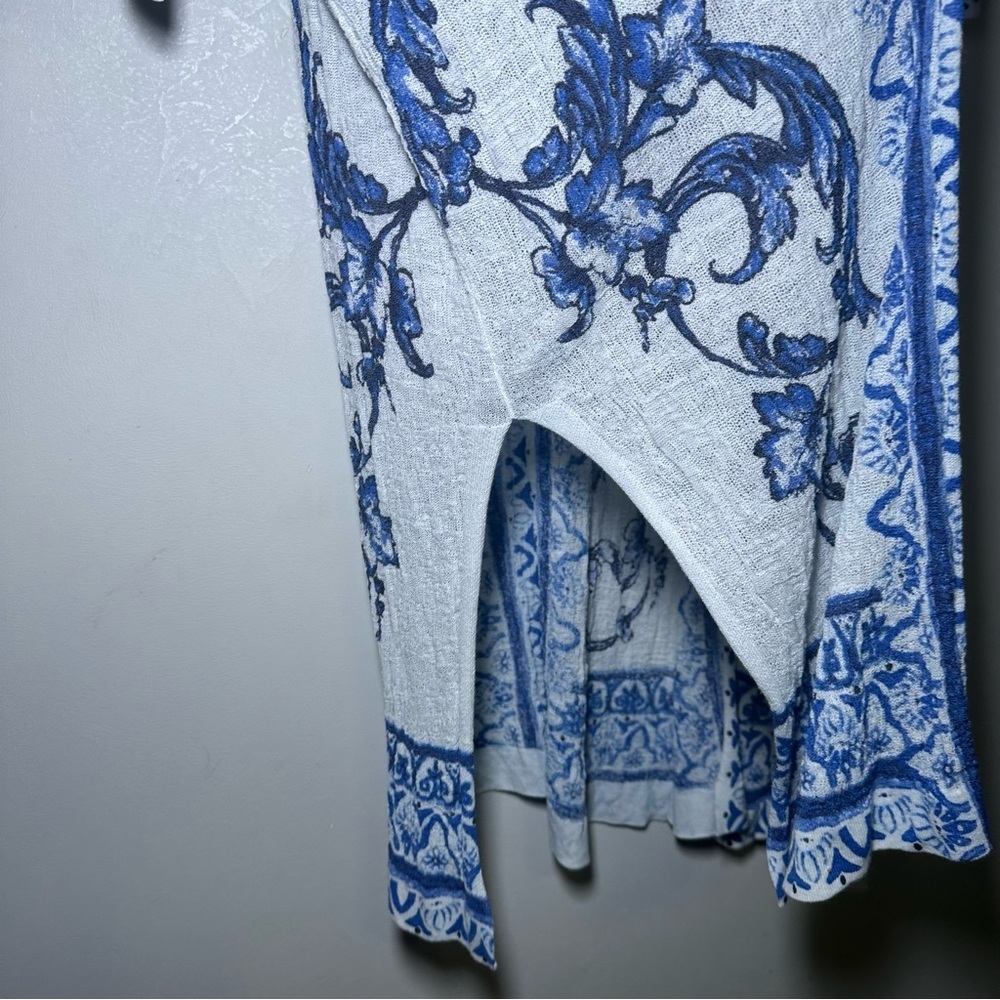 Chico’s Blue White Boho Lightweight Gauzy Longline Open Front Cardigan Kimono - Picture 4 of 9
